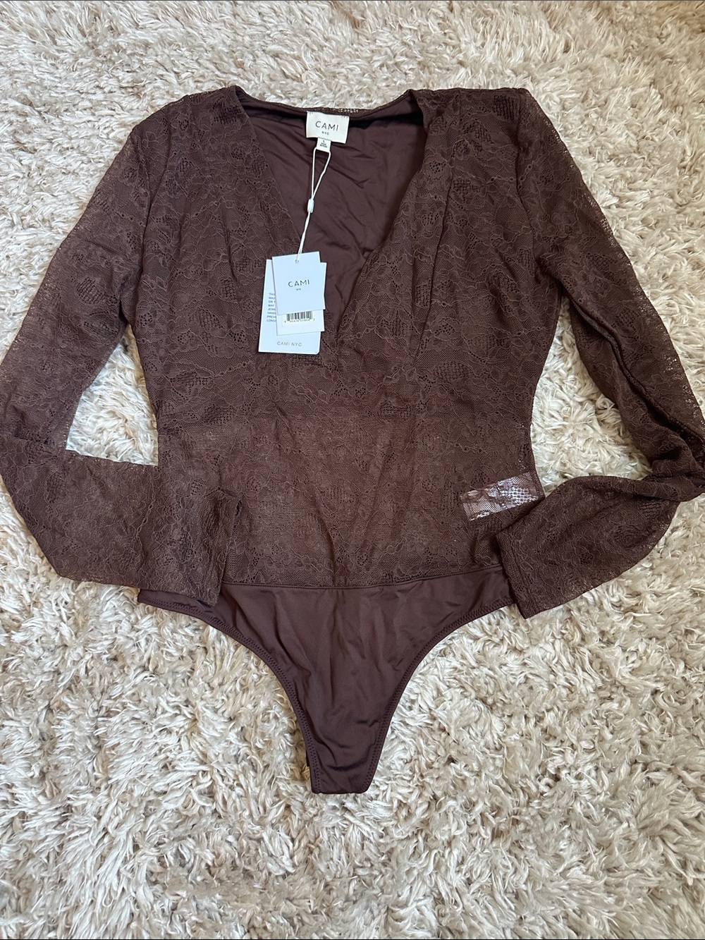Cami NYC Long-Sleeve Lace Bodysuit in Brown NWT